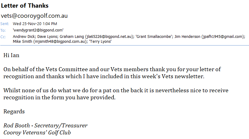 Acknowledgement email to Ian Lumsden